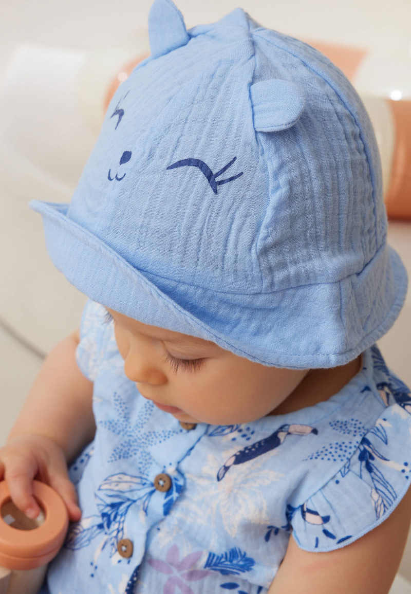 Combishort bébé + chapeau en gaze de coton bleue Bella Chica