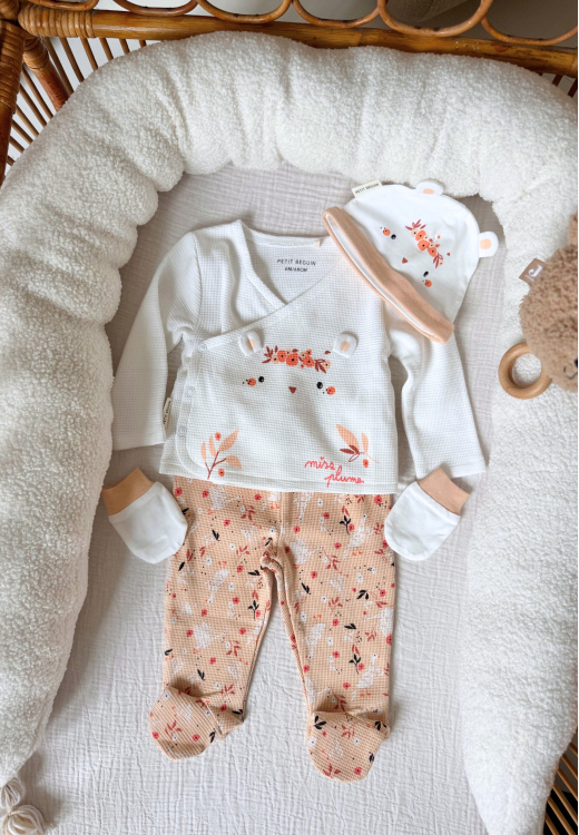 Ensemble bébé gilet et pantalon en coton nid d'abeille Miss Plume